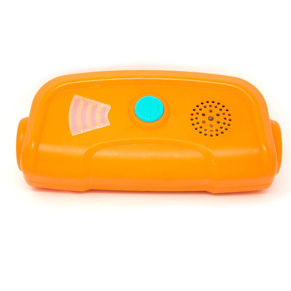 Orange sound box with teal power button. 